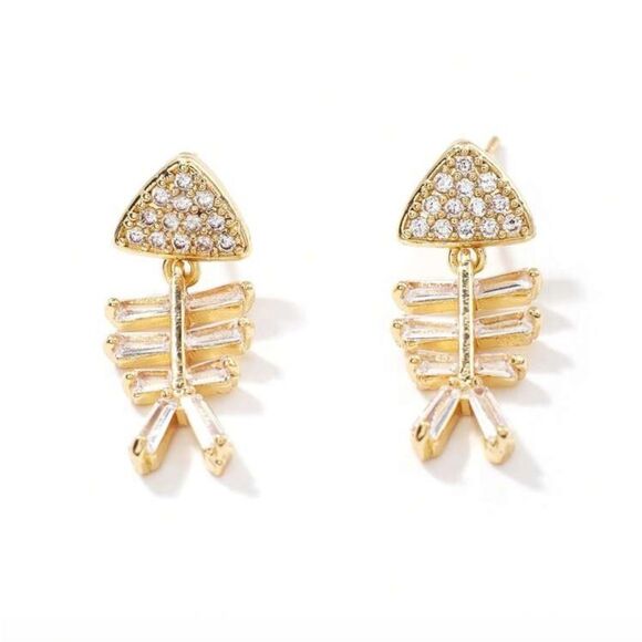 Gold Fishbone Earrings #1765 - Picture 1 of 5